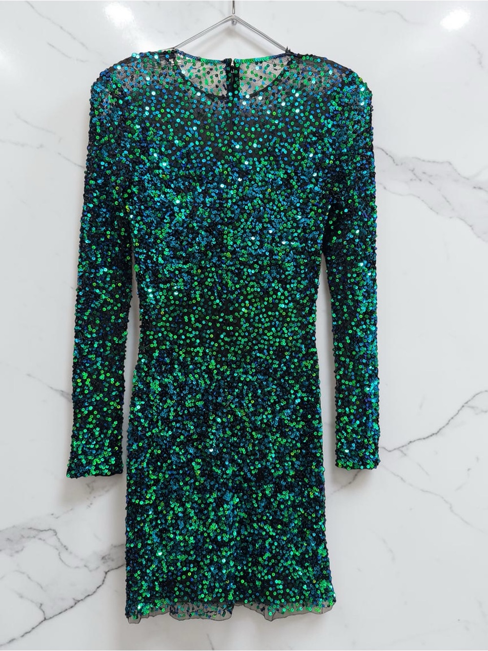 Mac Duggal Green and Blue Iridescent Sequin Long-Sleeve Dress - Picture 3 of 6